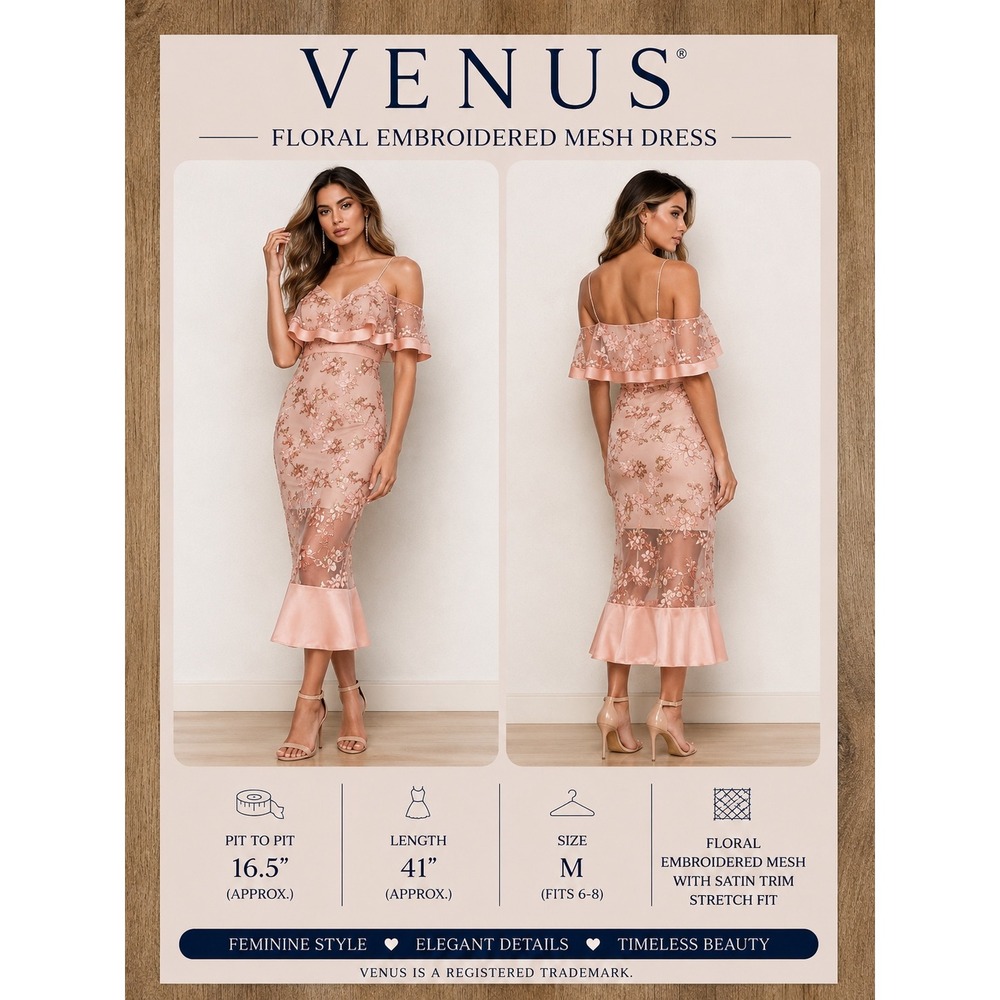 VENUS Blush Pink Floral Embroidered Mesh Midi Dress